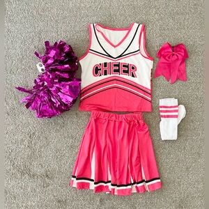 Unbranded Pink Cheer Costume with Pom Poms and Hair Bow Girls Size 9-10Y.